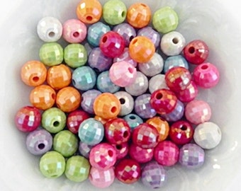 8mm beads, Faceted beads, 70 pcs, Acrylic beads, Beautiful mixed colours, shimmery, shiny beads