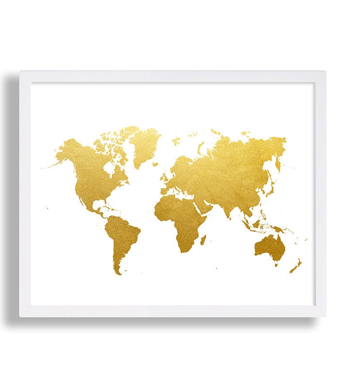 world map print faux gold art print modern decor globe poster