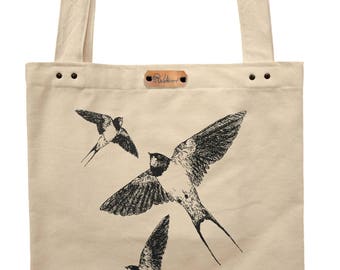 Barn swallows - hand printed cotton tote bag