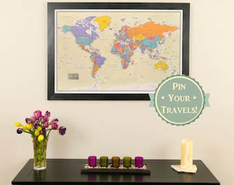 personalized tan oceans world travel map with frame push pin travel map wanderlust travel