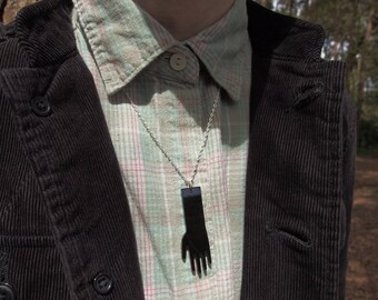Black Laser Cut Acrylic Hand Necklace 20" Silver Chain