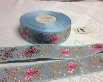 Vintage Jacquard Floral Ribbon Collection. Sold by the yard. Acetate, Made in France, 1 1/8 Wide.