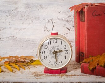 Desk clock vintage|alarm clock russian| mechanical wind up| Jantar| red beige decor|table clock|retro alarm clock| manual winding clock|