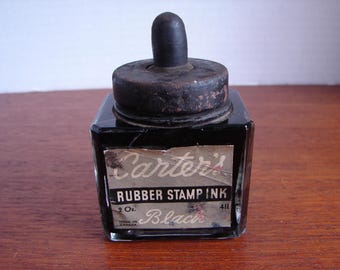 Vintage Carter's Black Rubber Stamp Ink Bottle, 1930's Or 1940's,Black Metal Lid,Rubber Knob, Interior Dropper,Made in Canada, Contents Full