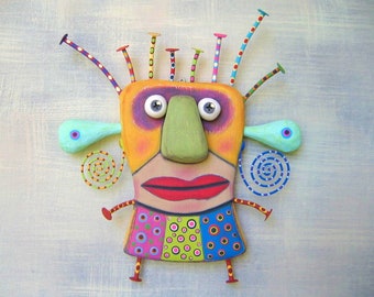 Franklin T. Troll, Original Found Object Wall Sculpture, Wood Carving, Troll Wall Art, Art Doll, Painted Sculpture, by Fig Jam Studio
