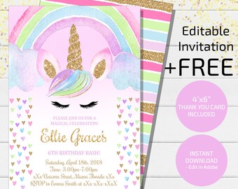Watercolor Rainbow Unicorn Invitation, Rainbow Unicorn Invite Instant Download, Magical Unicorn Invitation Digital File, Pink Unicorn Invite