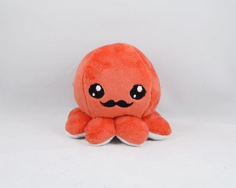 Orange/Red Gentleman Octopus Plush, Orange Octopus Toy, Embroidered Mustache Octopus, Stuffed Animal, Minky Fabric