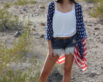 American flag print handmade sheer kimono cardigan cover up/USA/Fourth of July/United States side stripe flag sheer gypsy top/one size