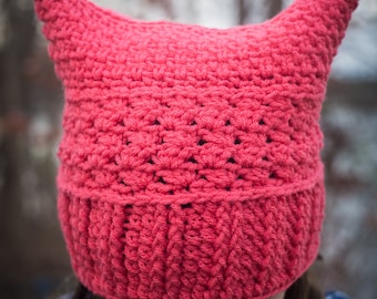 Girls pink cat hat, crocheted cat hat, women's rights hat
