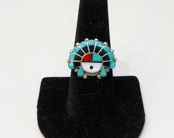 Vintage Sterling Silver Zuni Sun Face Inlay Ring sz 8.5