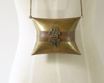 1930s brass pillow bag. Vintage brass purse. Art Deco Copper purse. 30s puffy pillow purse. Brass copper evening bag. Brass shoulder bag