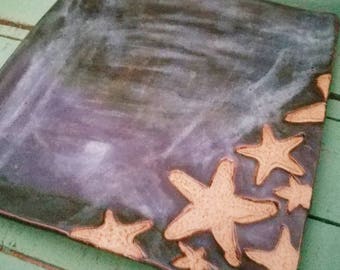 Handmade blue square starfish serving platter or decorative tray. Pottery dishware.