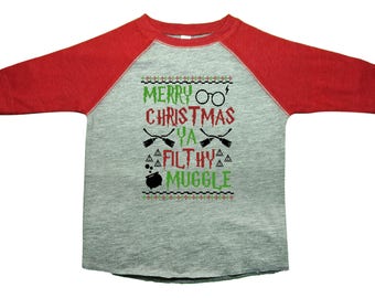 Cute Kids Christmas Shirts "Merry Christmas Ya Filthy Muggle" - 3/4 Sleeve Unisex Shirts - Kids Holiday Book Lover Collection - 2511