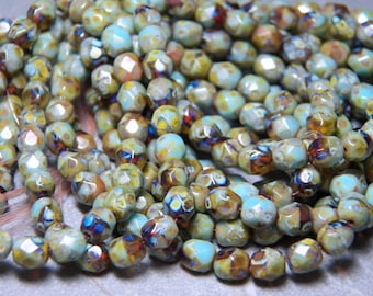 Czech Green Turquoise Picasso Faceted Round Glass Beads 6mm (25) 034