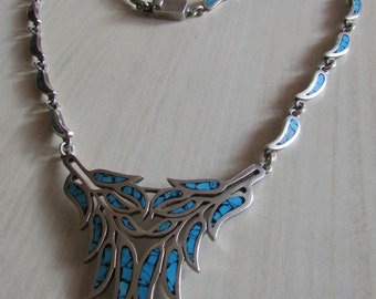 Mexican Sterling Silver Necklace with Turquoise and Black Inlay