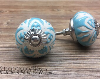 SET OF 2 - Aqua Blue Ceramic Knob with Natural Cream Etched Flowers - Light Blue Floral Drawer Pull Decorative Flower Knob - Cabinet