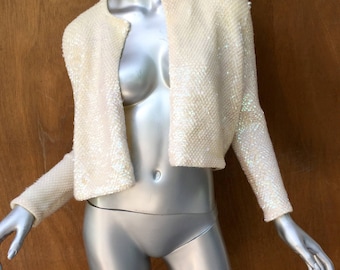 White vintage cropped sequin jacket, formal, cocktail, cardigan, bolero, shimmer, authentic, shrug size 4, 50's, boho chic, wedding