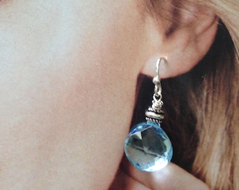 Blue Topaz Briolette Drop Earrings Pierced Wire Tops Sterling Silver Watery Blue