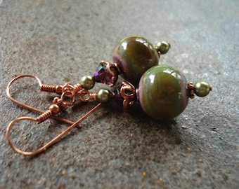 Amethyst and Green Art Glass Earrings - Lampwork Earrings - Fall Colors - Copper - Fall Earrings - Handcrafted - Artisan