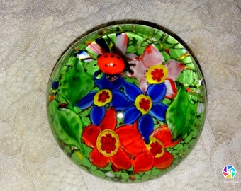 Colorful Floral Paperweight with Glass Ladybug on the Outside