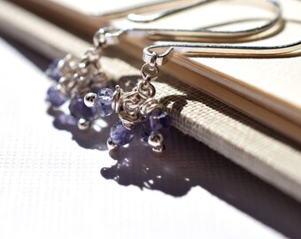 Iolite Earrings, Sterling Silver Wire Wrapped Iolite Cluster Earrings, Denim Blue Gemstone Earrings, Indigo Blue Small Cluster Earrings