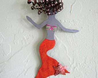 Metal Wall Art Mermaid Recycled Metal Bathroom Nursery Wall Decor Beach House Coastal Orange 6 x 9