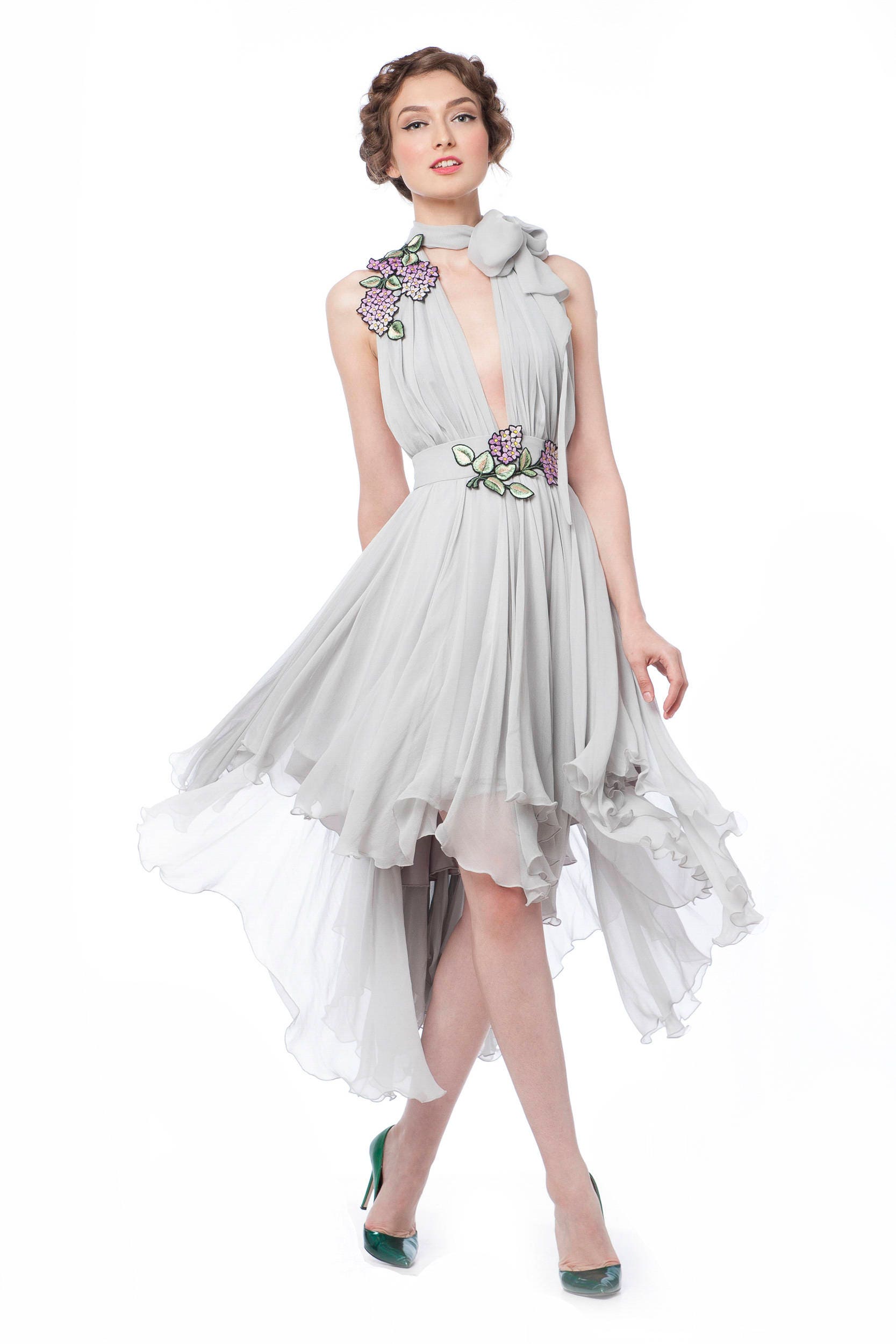 Silk chiffon midi dress with handmade embroidery