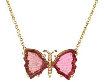 14K Yellow Gold Pink Tourmaline Butterfly Necklace