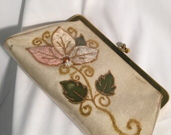 1959s Vintage Clear Plastic Clutch Purse With Gold Flower