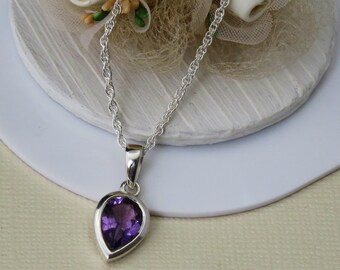 Amethyst Sterling Silver Necklace, Amethyst Teardrop Necklace, Amethyst Jewelry, Gift for Her