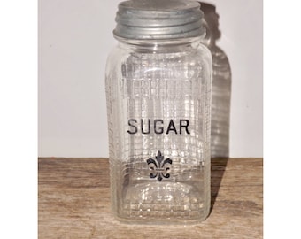 Hazel Atlas H over A square jar,quilted glass jar,quart,sugar jar,grid pattern canister,clear,zinc lid,square canning jar,storage,7" high,