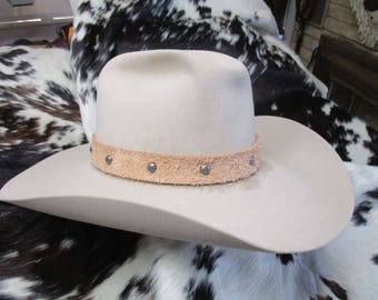 Leather Hatband, Natural Leather, Roughout Leather Hatband with Antique Silver Dome Spots and Adjustable Lace Tie