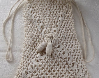 Vintage Purse Hand Crochet Reticule Flower Design Drawstring Closure