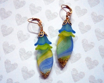 Yellow and Light Blue Swirled Glass Earrings (2821)