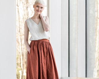 Linen skirt "1950s CITY" with deep pockets / A - line washed linen skirt in natural color / Midi linen skirt / High waist linen skirt