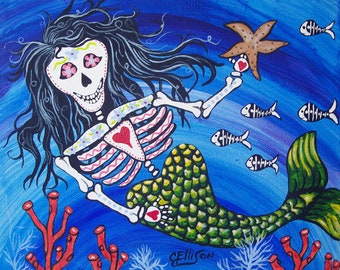 Day Of The Dead "Mermaid" 8x10" Art Print Poster Under The Sea Mexican Folk Artist J Ellison
