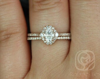 Rosados Box Bridgette 6x4mm 14kt Rose Gold Oval F1- Moissanite and Diamonds Halo Wedding Set