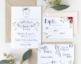 The Molly - Navy Watercolor Calligraphy Wedding Invitation Suite with Custom Crest