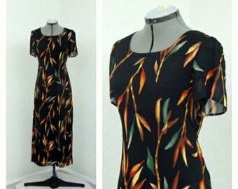 Vintage 90s Coldwater Creek Black Hawaiian Dress, Maxi Dress, Shift Dress, Keyhole Dress, Chiffon Dress, Bamboo Novelty Print Dress