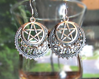 Crescent Pentacle Earrings, Sterling Plated Filigree Crescent, Wiccan Earrings, Crescent Dangle