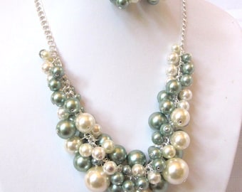 Pearl Cluster Necklace Set in Sage Green and Cream / Ecru - Chunky, Choker, Bib, Necklace, Wedding, Bridal, Bridesmaid