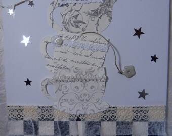 mixed media painting: black and white cups