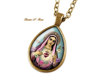 Virgin Mary gift jewelry bronze cabochon Flower necklace