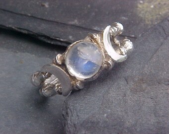 Triple GODDESS Ring with 7mm Rainbow Moonstone Cabochon Moon in Sterling Silver by KAM