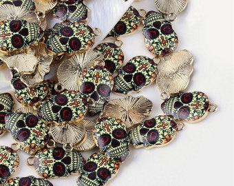 Skull Printed Enamel Gold Alloy Pendant / Charm - 22.5mm long x 13mm wide