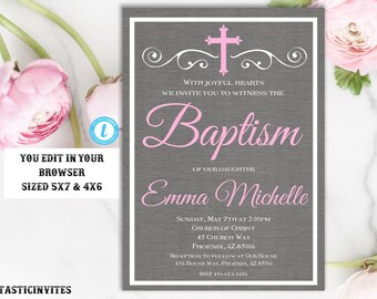Baptism Invitation Girl Invitation Template, Instant Download, Girl Baptism Invitation, Printable Baptism Invitation, Invite Girl, Editable
