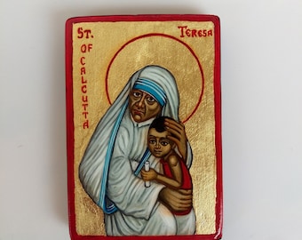 Mother Teresa mini painting, Saint Teresa of Calcutta original icon on wood