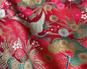 Japanese fabric, crane, a red background 110 x 50 (172D)