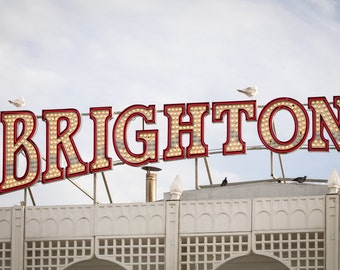 Brighton Print - Seaside Photography - Illuminated Brighton Sign Photograph - English Seaside Decor