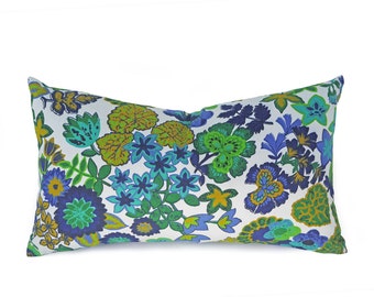 Blue Green Floral Pillows, 12x20 Lumbar Pillow, Eco Friendly Pillow Covers, Repurposed Pillows, Upcycled, Cottage Cushions, Rectangle